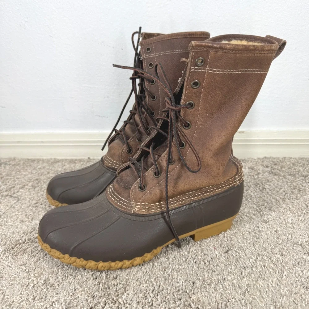 LL Bean Duck Boots Womens 8W Shearling Lined 10 Inch Leather Brown Made in USA